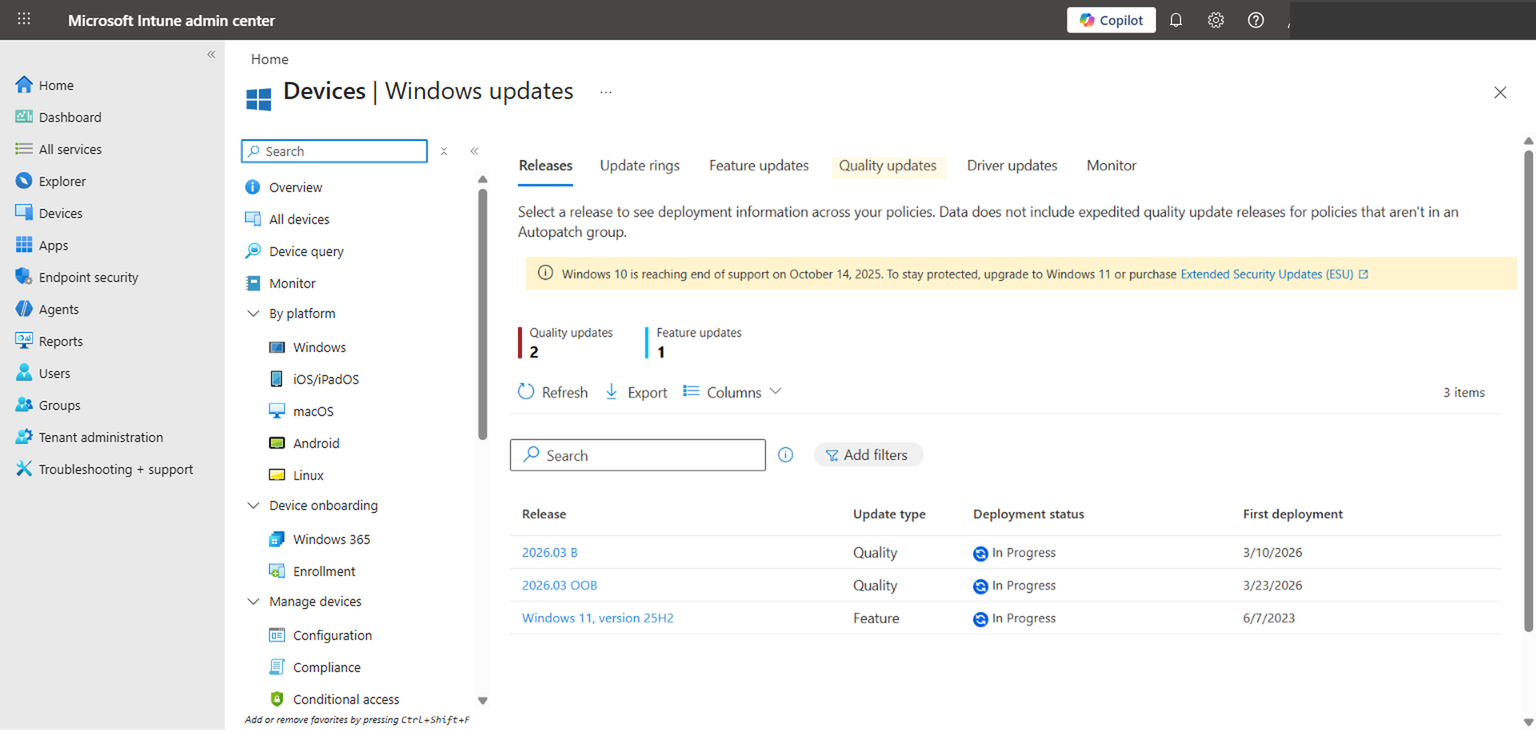 Windows updates overview showing the Releases tab and Quality updates counter