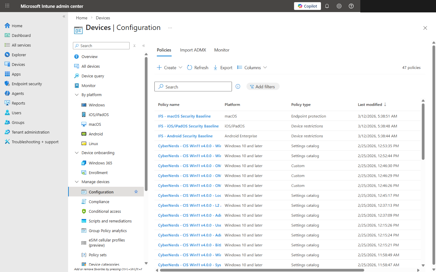 47 CIS Windows 11 v4.0.0 configuration profiles organized by governance domain in Intune