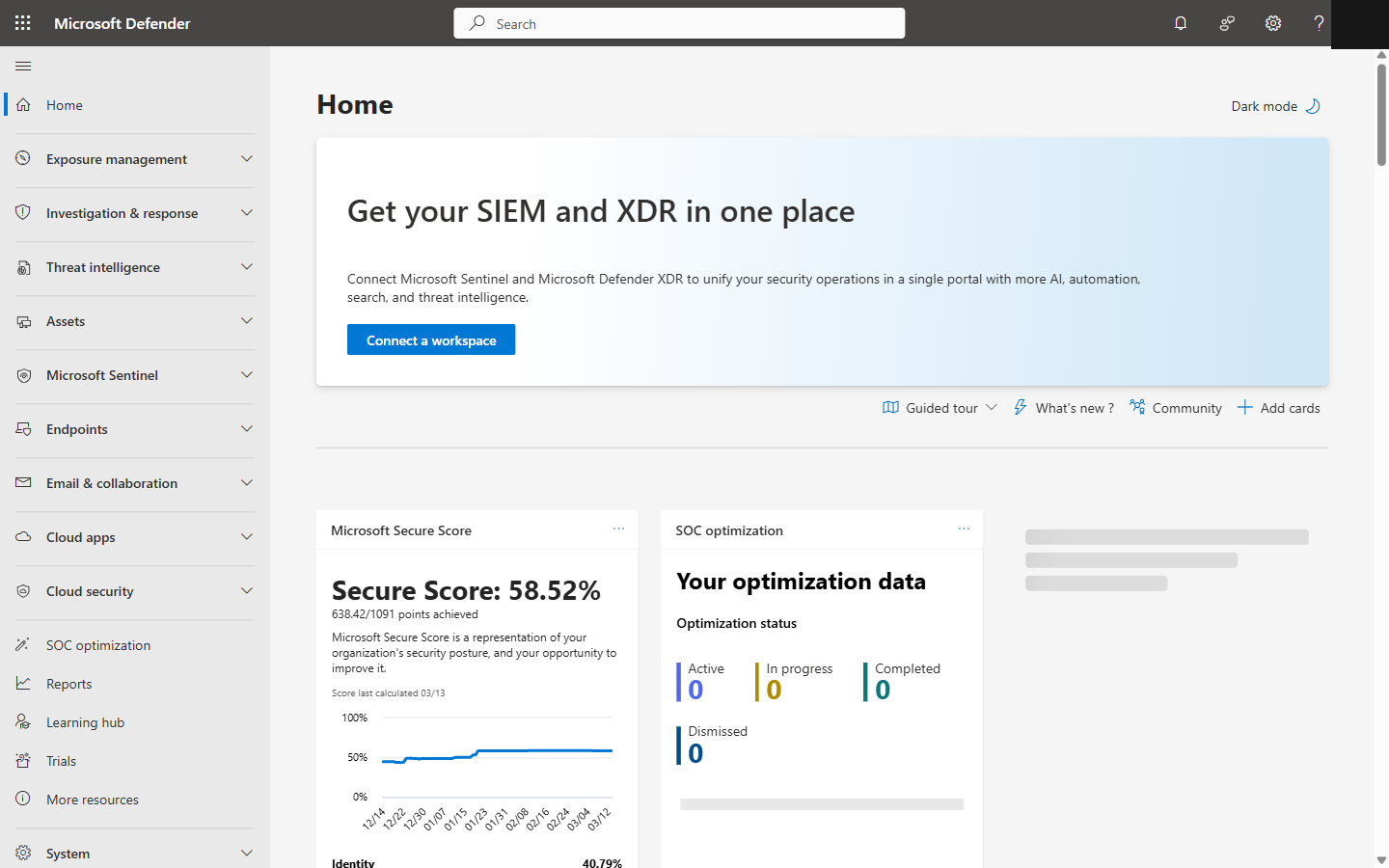 Microsoft Defender XDR portal homepage showing Secure Score and security dashboard